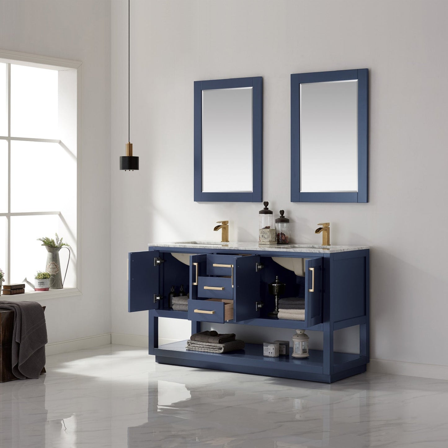 Remi 60" Double Bathroom Vanity Set in Royal Blue and Carrara White Marble Countertop with Mirror