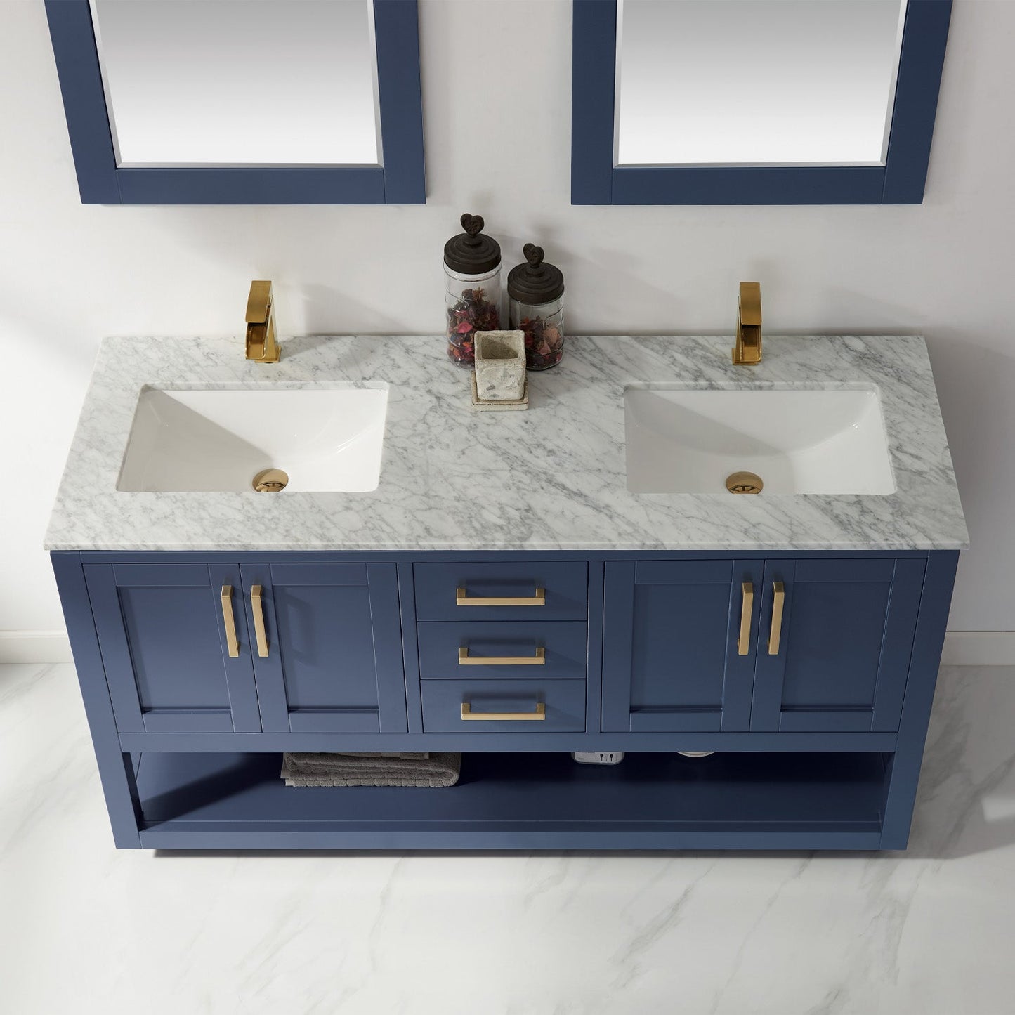 Remi 60" Double Bathroom Vanity Set in Royal Blue and Carrara White Marble Countertop with Mirror