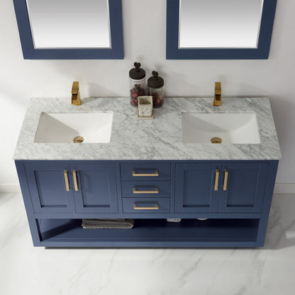 Remi 60" Double Bathroom Vanity Set in Royal Blue and Carrara White Marble Countertop with Mirror