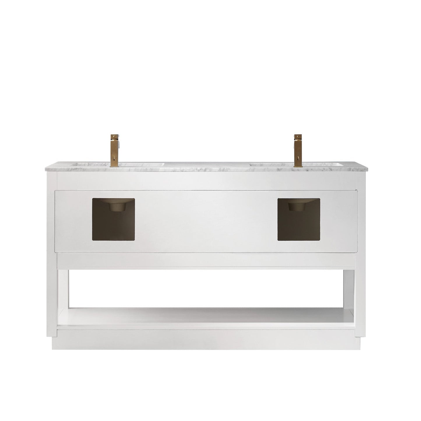 Remi 60" Double Bathroom Vanity Set in White and Carrara White Marble Countertop without Mirror