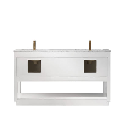 Remi 60" Double Bathroom Vanity Set in White and Carrara White Marble Countertop without Mirror