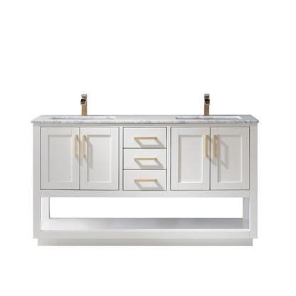 Remi 60" Double Bathroom Vanity Set in White and Carrara White Marble Countertop without Mirror