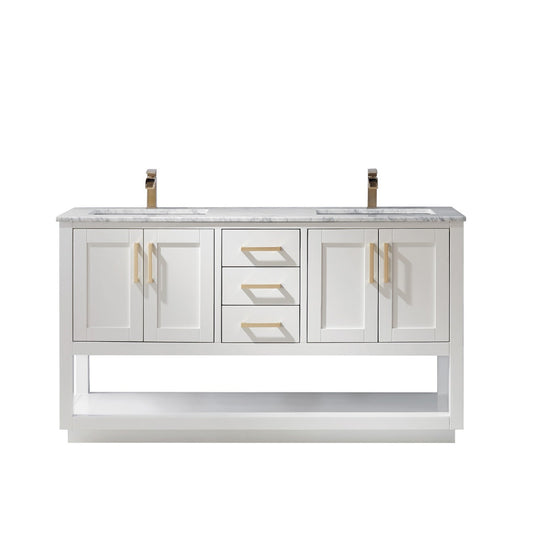 Remi 60" Double Bathroom Vanity Set in White and Carrara White Marble Countertop without Mirror