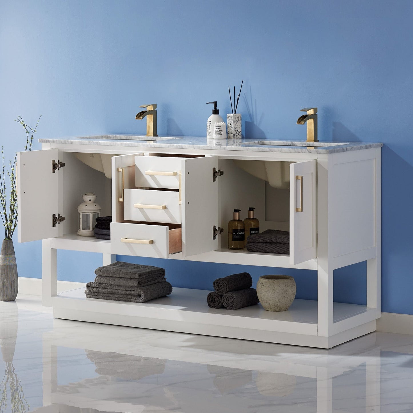 Remi 60" Double Bathroom Vanity Set in White and Carrara White Marble Countertop without Mirror