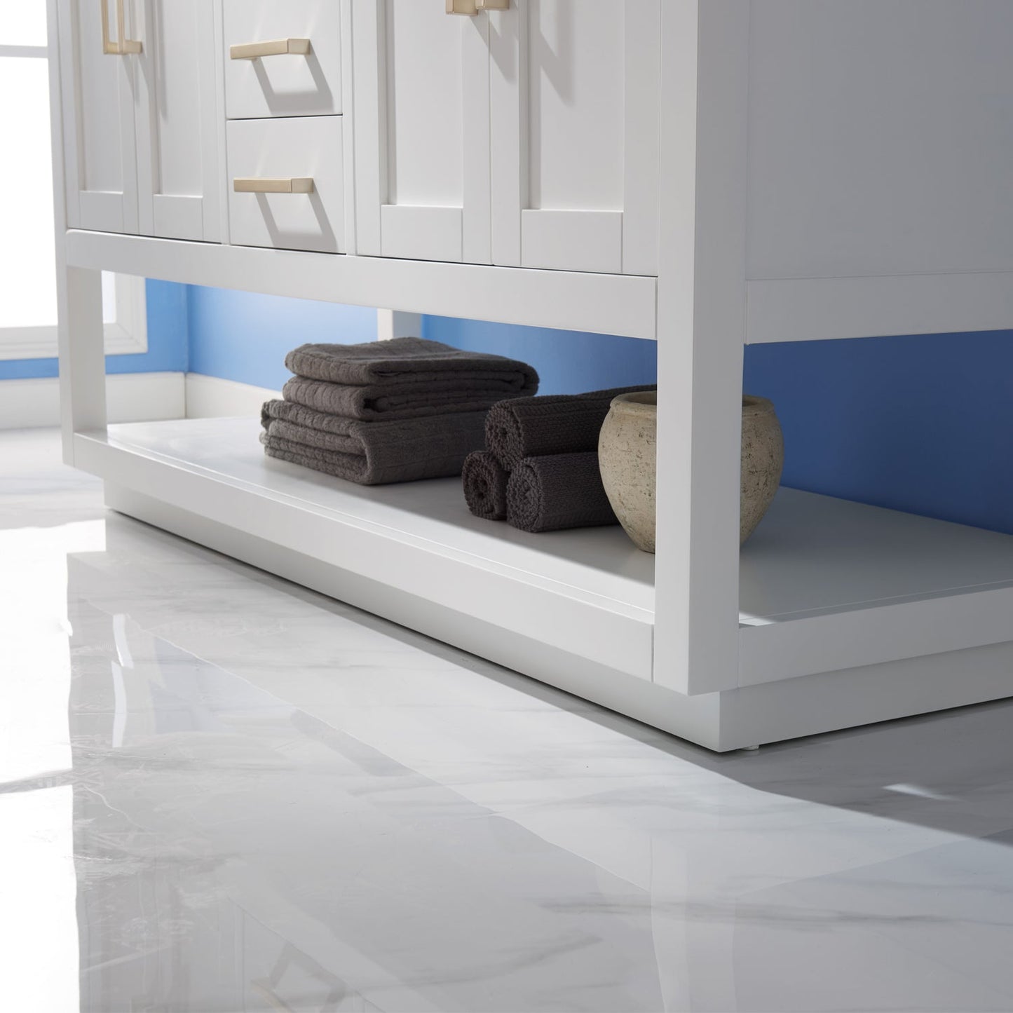 Remi 60" Double Bathroom Vanity Set in White and Carrara White Marble Countertop without Mirror