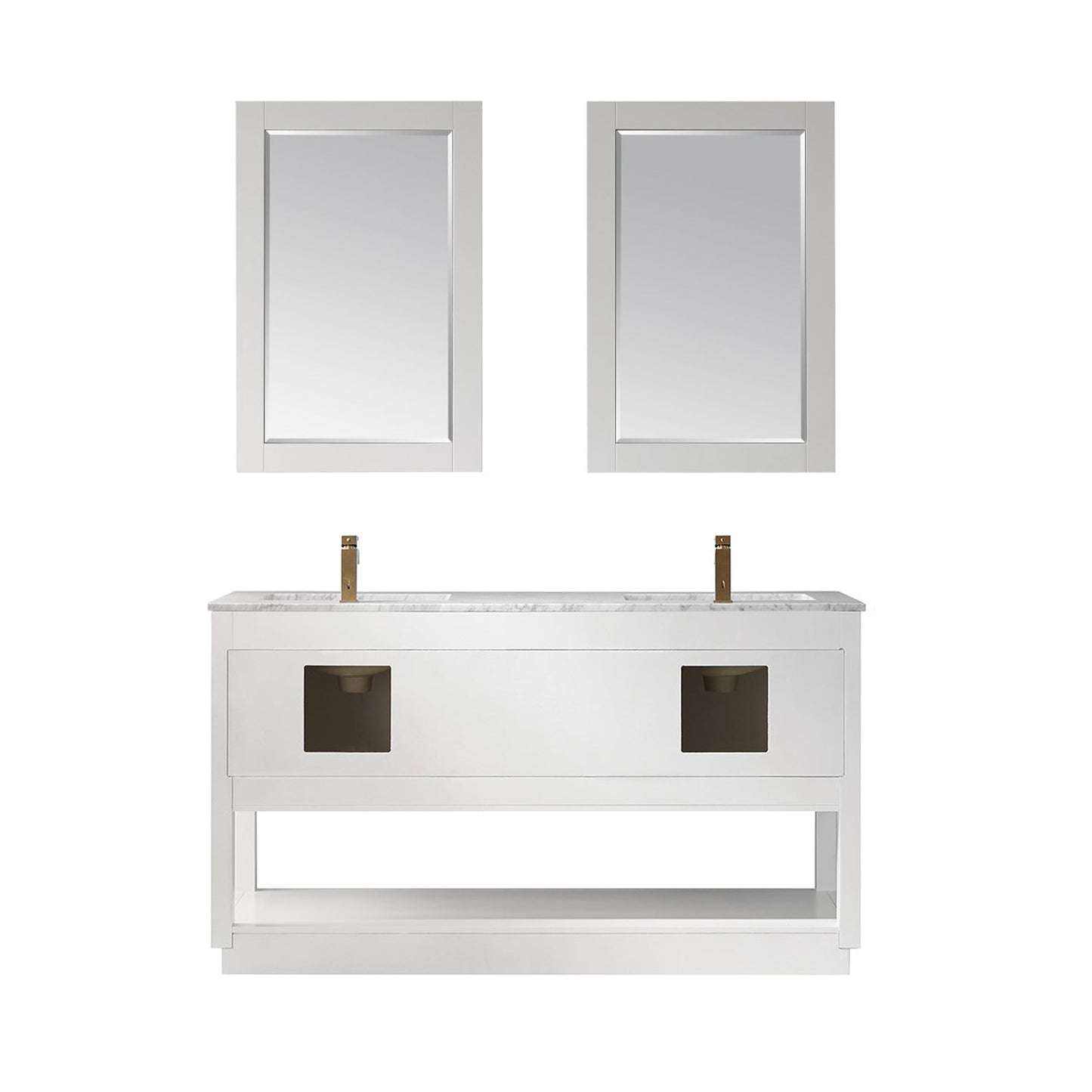 Remi 60" Double Bathroom Vanity Set in White and Carrara White Marble Countertop with Mirror