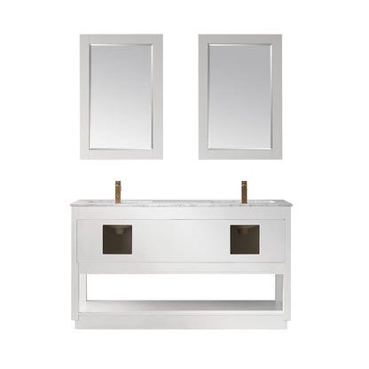 Remi 60" Double Bathroom Vanity Set in White and Carrara White Marble Countertop with Mirror