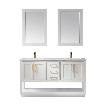 Remi 60" Double Bathroom Vanity Set in White and Carrara White Marble Countertop with Mirror