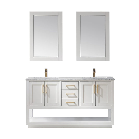 Remi 60" Double Bathroom Vanity Set in White and Carrara White Marble Countertop with Mirror