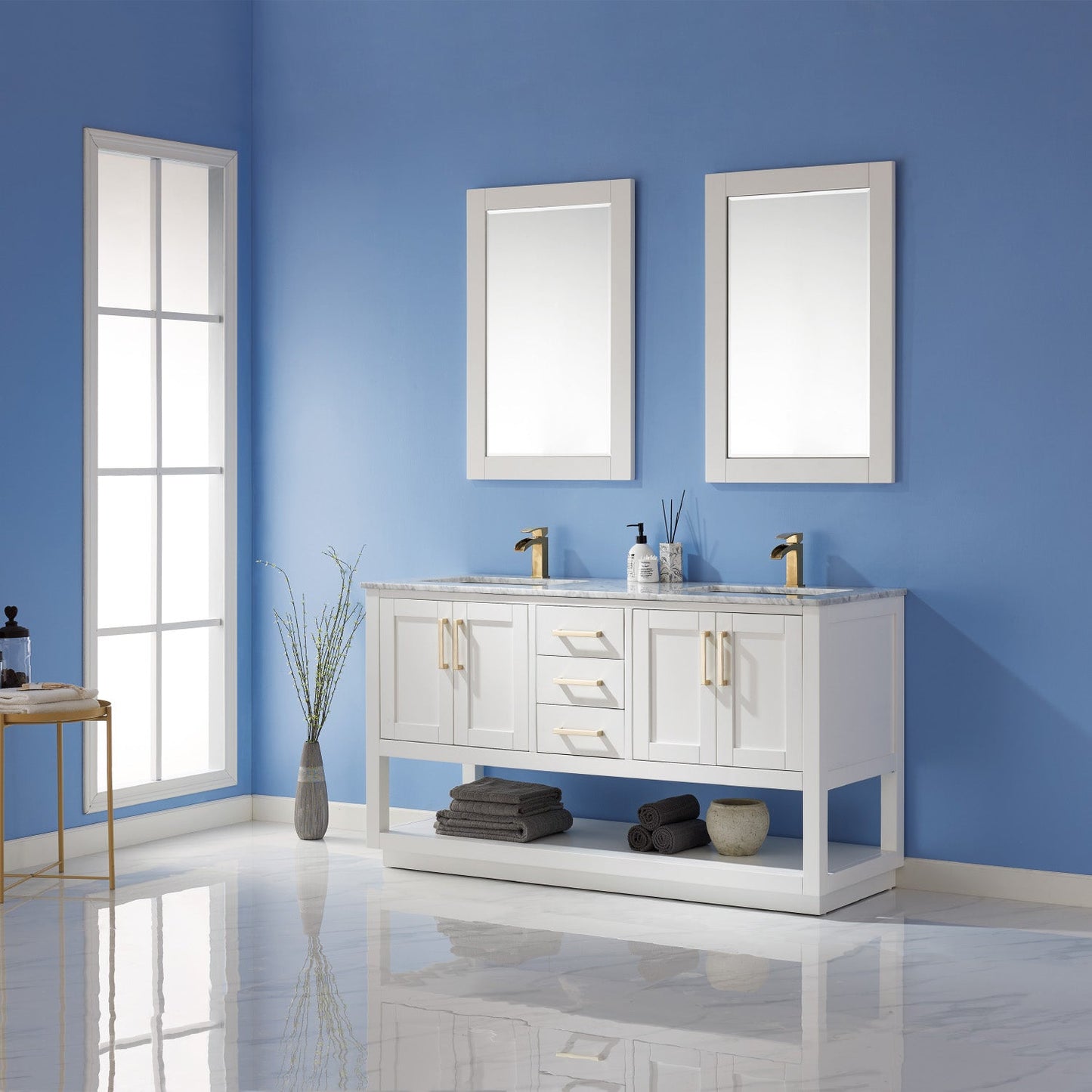 Remi 60" Double Bathroom Vanity Set in White and Carrara White Marble Countertop with Mirror