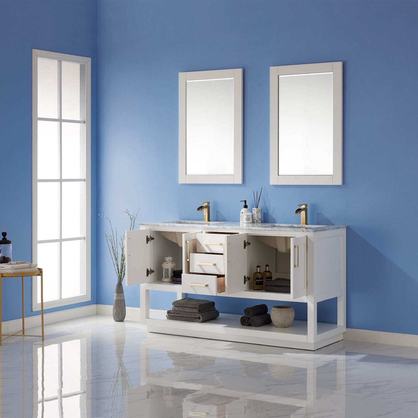 Remi 60" Double Bathroom Vanity Set in White and Carrara White Marble Countertop with Mirror