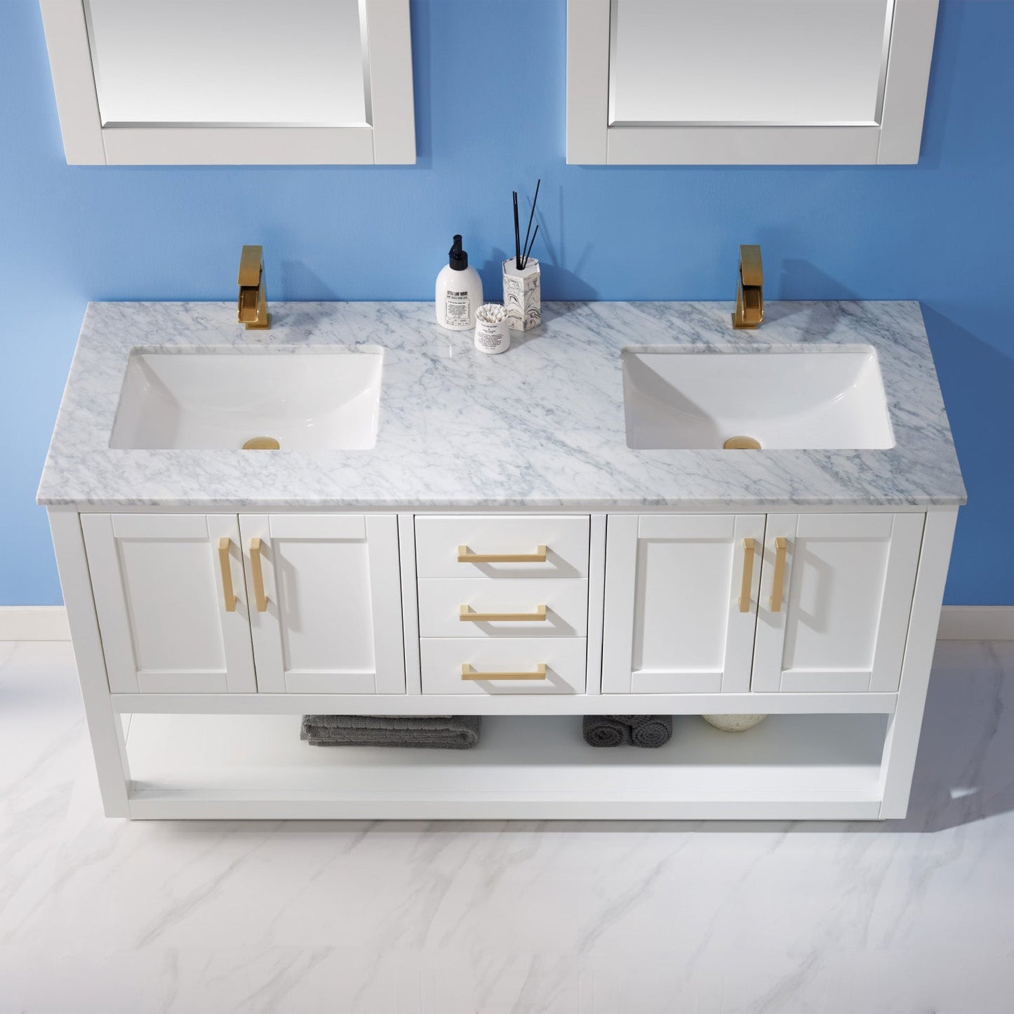 Remi 60" Double Bathroom Vanity Set in White and Carrara White Marble Countertop with Mirror