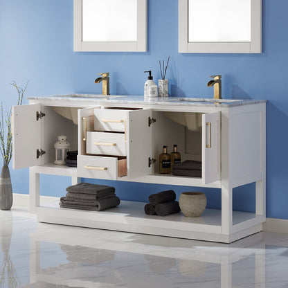 Remi 60" Double Bathroom Vanity Set in White and Carrara White Marble Countertop with Mirror