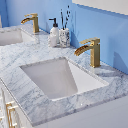 Remi 60" Double Bathroom Vanity Set in White and Carrara White Marble Countertop with Mirror