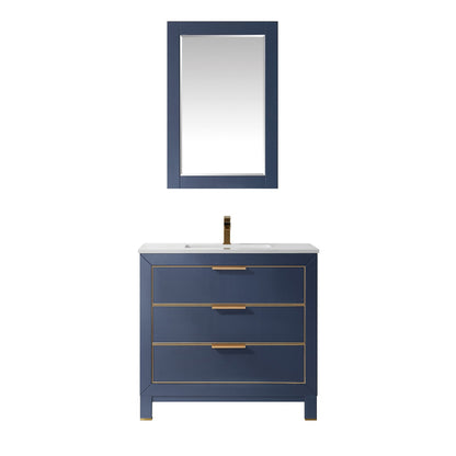 Jackson 36" Single Bathroom Vanity Set in Royal Blue and Aosta White Engineered Stone Countertop with Mirror