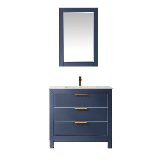 Jackson 36" Single Bathroom Vanity Set in Royal Blue and Aosta White Engineered Stone Countertop with Mirror