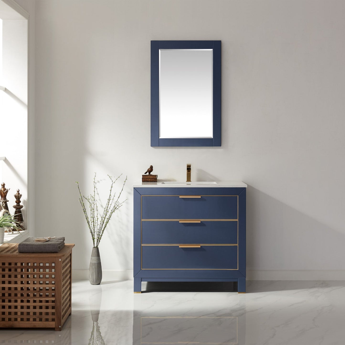 Jackson 36" Single Bathroom Vanity Set in Royal Blue and Aosta White Engineered Stone Countertop with Mirror