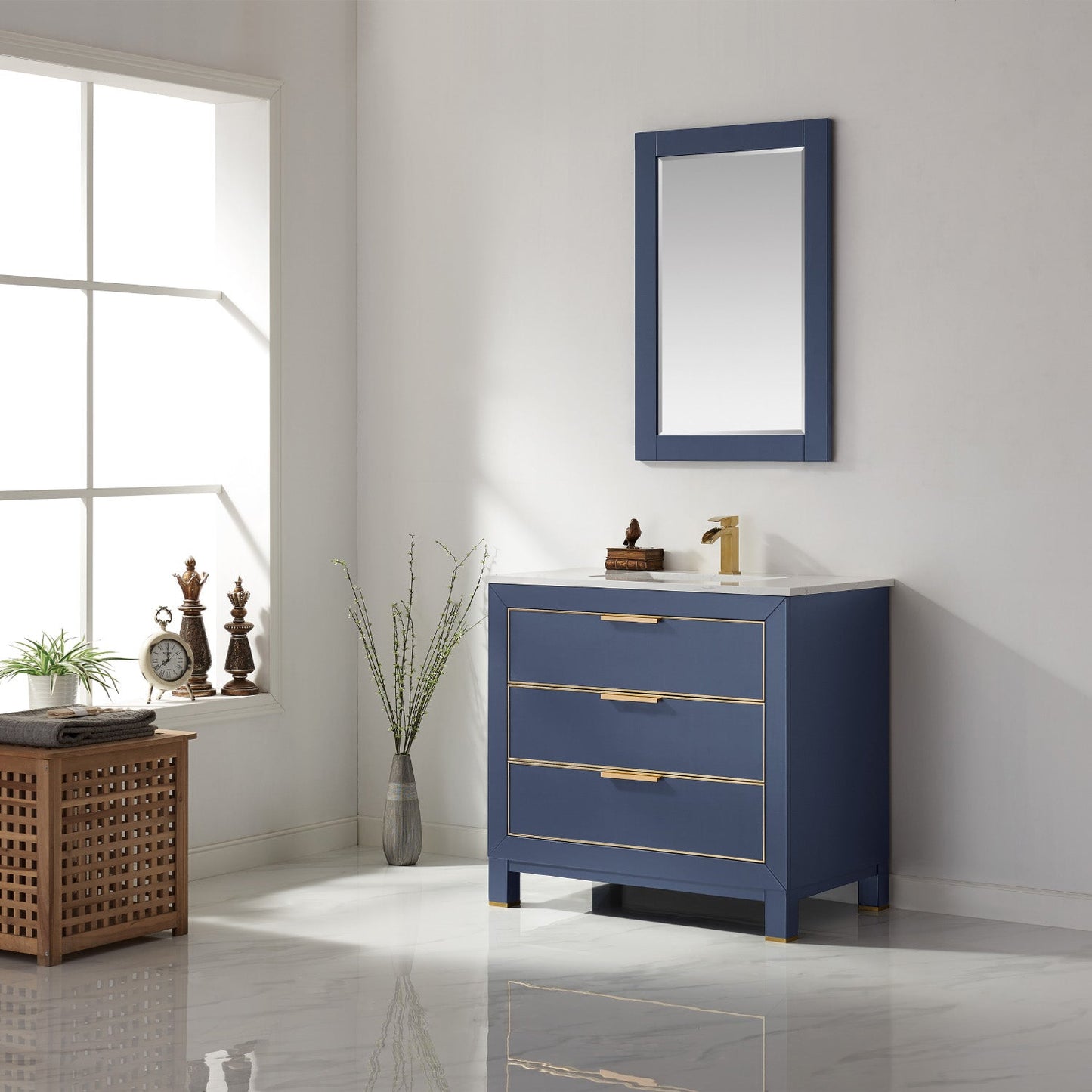 Jackson 36" Single Bathroom Vanity Set in Royal Blue and Aosta White Engineered Stone Countertop with Mirror