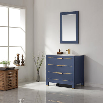 Jackson 36" Single Bathroom Vanity Set in Royal Blue and Aosta White Engineered Stone Countertop with Mirror