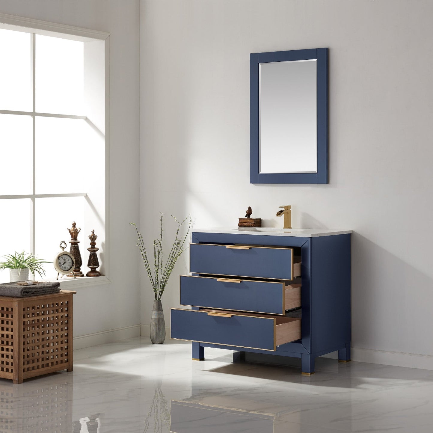 Jackson 36" Single Bathroom Vanity Set in Royal Blue and Aosta White Engineered Stone Countertop with Mirror