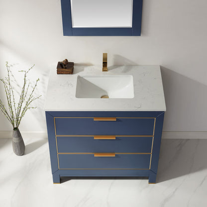 Jackson 36" Single Bathroom Vanity Set in Royal Blue and Aosta White Engineered Stone Countertop with Mirror