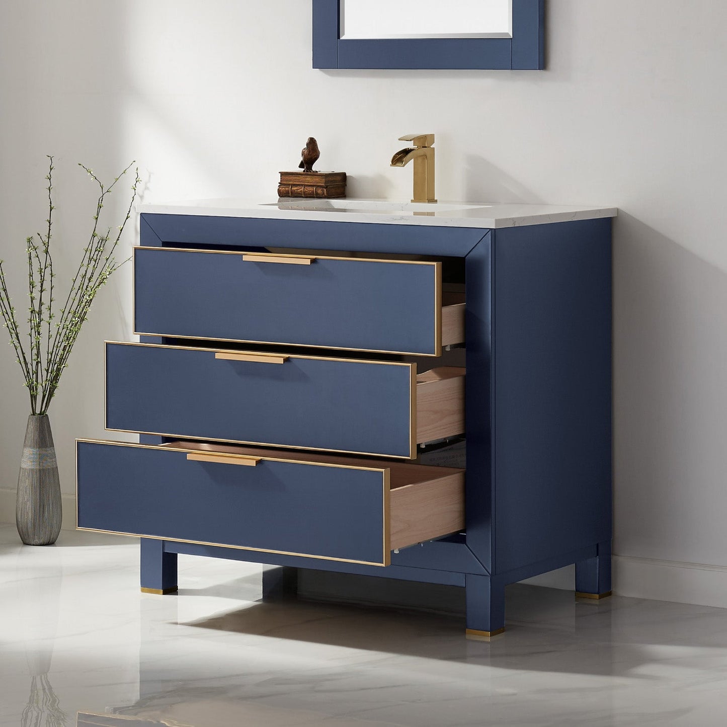 Jackson 36" Single Bathroom Vanity Set in Royal Blue and Aosta White Engineered Stone Countertop with Mirror