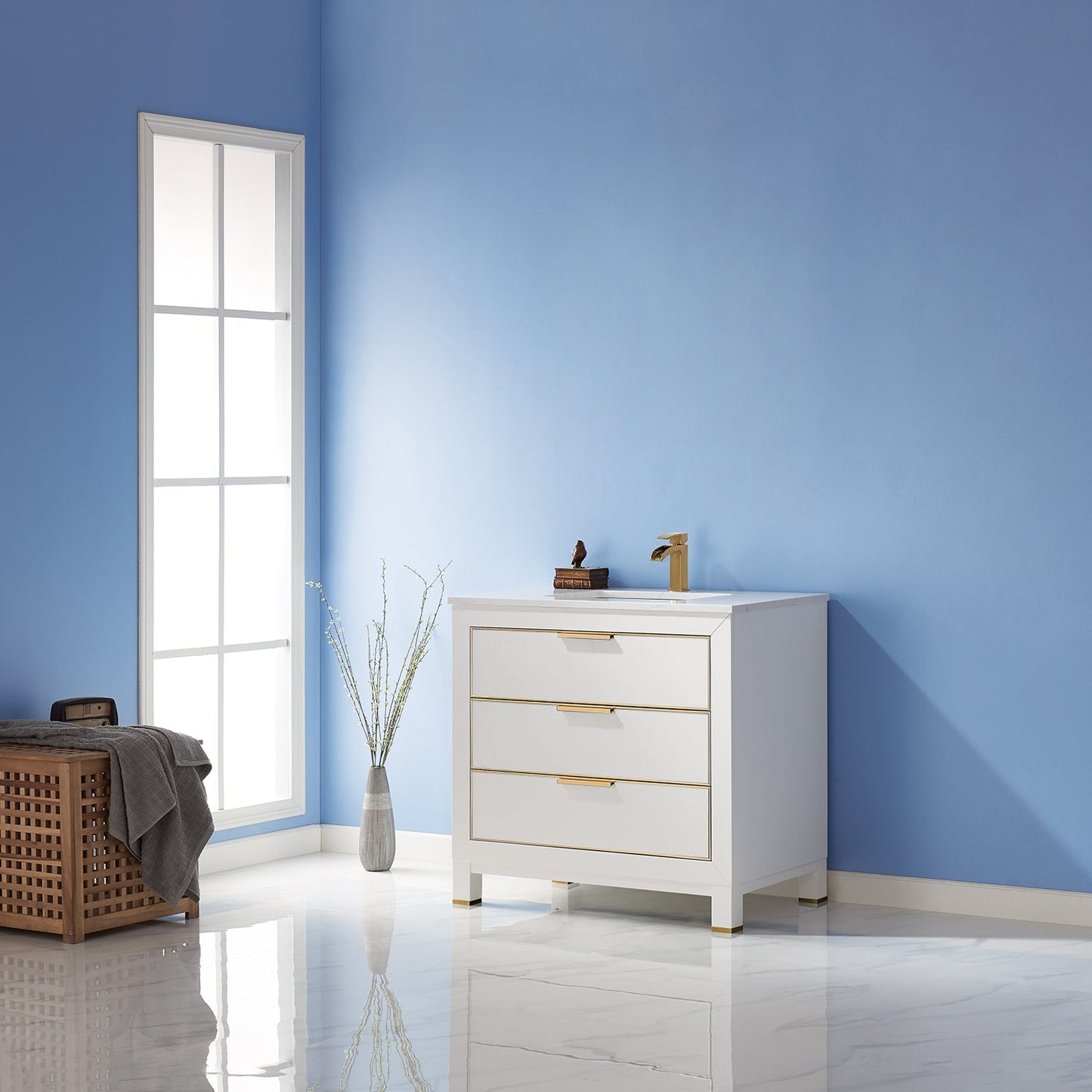 Jackson 36" Single Bathroom Vanity Set in White and Aosta White Engineered Stone Countertop without Mirror