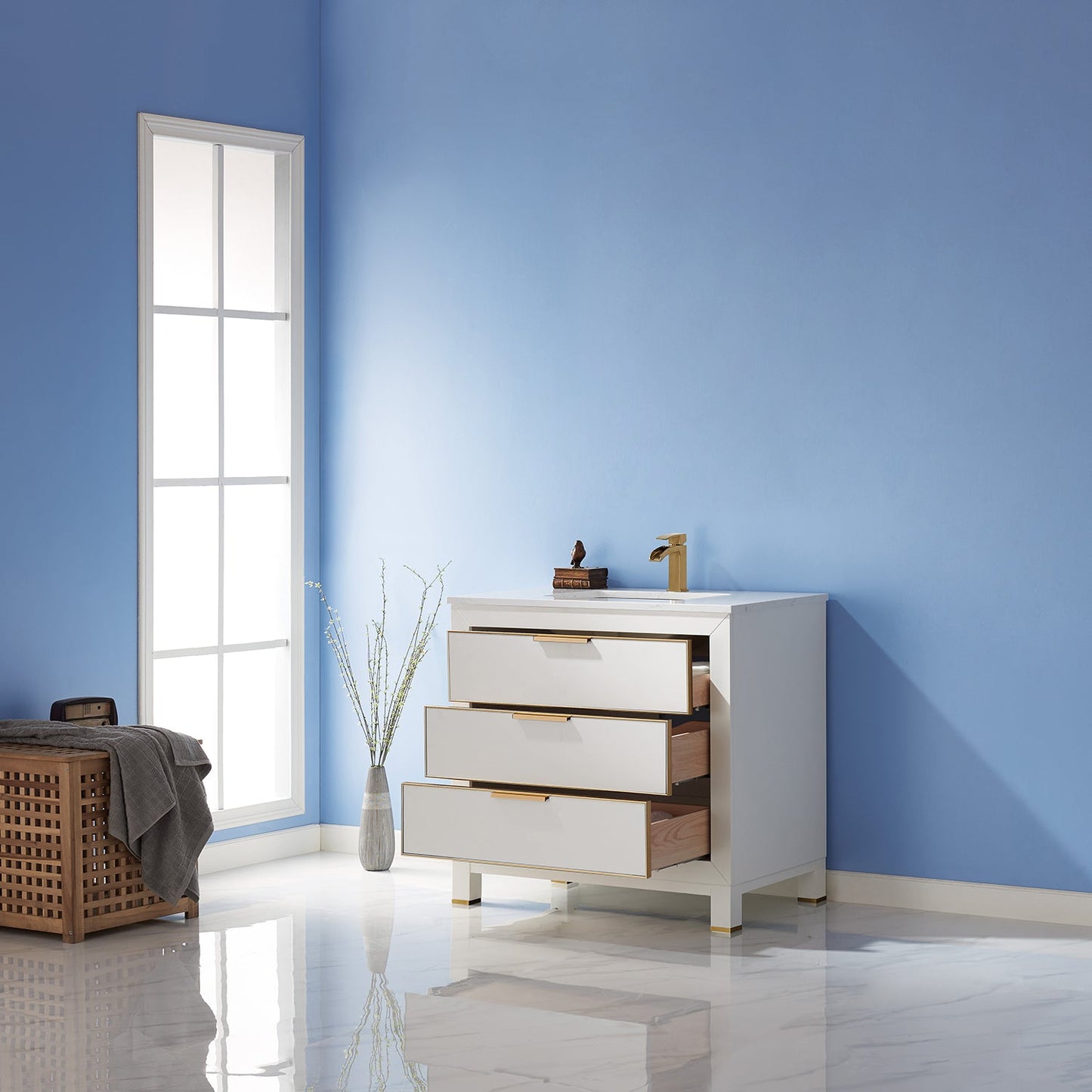 Jackson 36" Single Bathroom Vanity Set in White and Aosta White Engineered Stone Countertop without Mirror