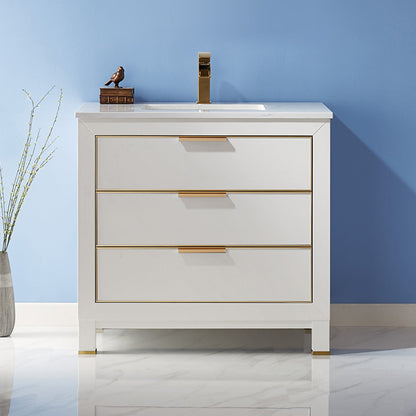 Jackson 36" Single Bathroom Vanity Set in White and Aosta White Engineered Stone Countertop without Mirror