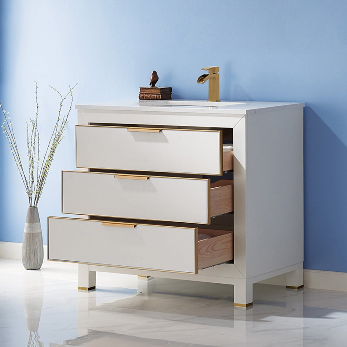 Jackson 36" Single Bathroom Vanity Set in White and Aosta White Engineered Stone Countertop without Mirror
