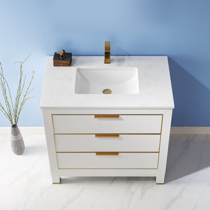 Jackson 36" Single Bathroom Vanity Set in White and Aosta White Engineered Stone Countertop without Mirror