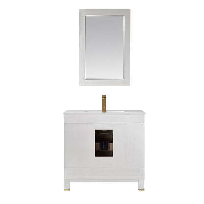 Jackson 36" Single Bathroom Vanity Set in White and Aosta White Engineered Stone Countertop with Mirror