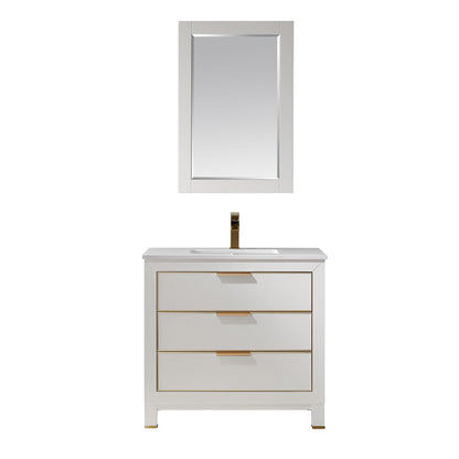 Jackson 36" Single Bathroom Vanity Set in White and Aosta White Engineered Stone Countertop with Mirror