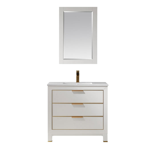 Jackson 36" Single Bathroom Vanity Set in White and Aosta White Engineered Stone Countertop with Mirror