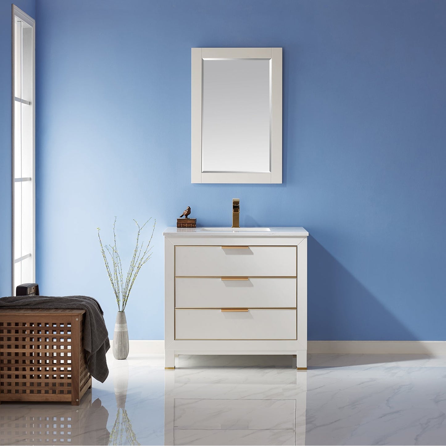Jackson 36" Single Bathroom Vanity Set in White and Aosta White Engineered Stone Countertop with Mirror