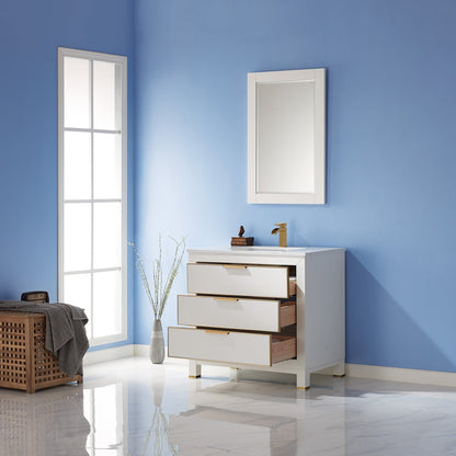 Jackson 36" Single Bathroom Vanity Set in White and Aosta White Engineered Stone Countertop with Mirror
