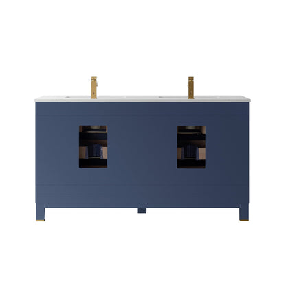 Jackson 60" Double Bathroom Vanity Set in Royal Blue and Aosta White Engineered Stone Countertop without Mirror