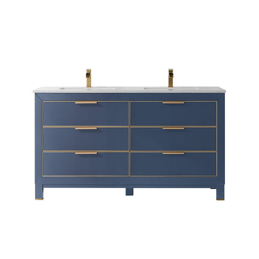 Jackson 60" Double Bathroom Vanity Set in Royal Blue and Aosta White Engineered Stone Countertop without Mirror