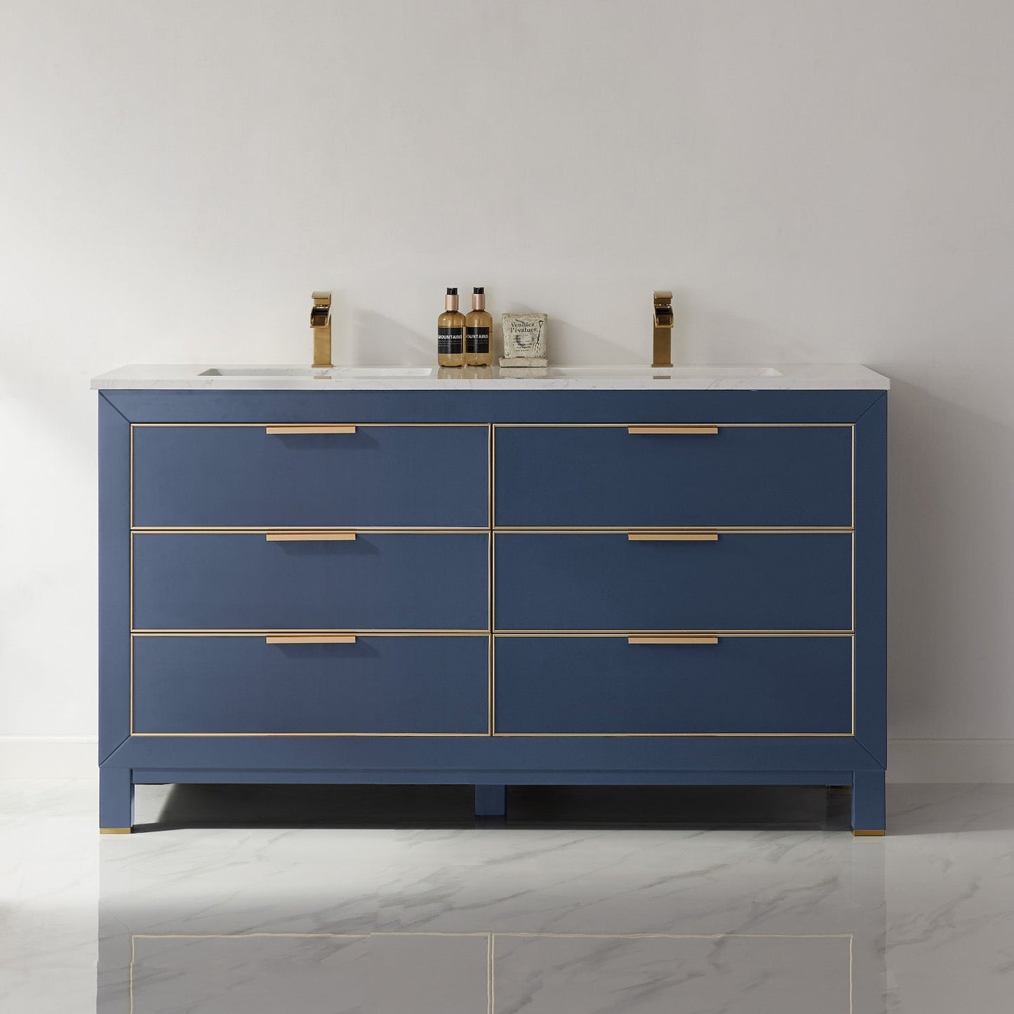 Jackson 60" Double Bathroom Vanity Set in Royal Blue and Aosta White Engineered Stone Countertop without Mirror