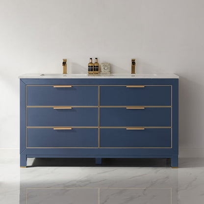 Jackson 60" Double Bathroom Vanity Set in Royal Blue and Aosta White Engineered Stone Countertop without Mirror