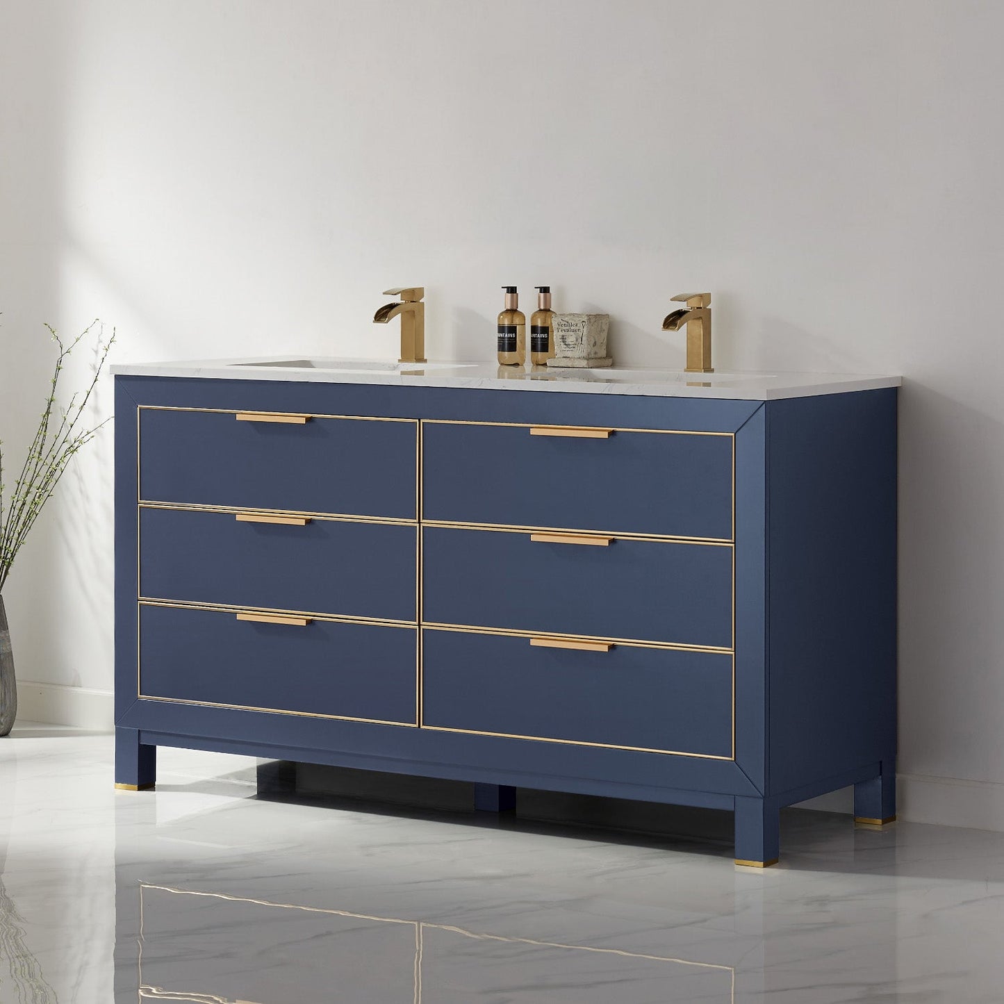 Jackson 60" Double Bathroom Vanity Set in Royal Blue and Aosta White Engineered Stone Countertop without Mirror