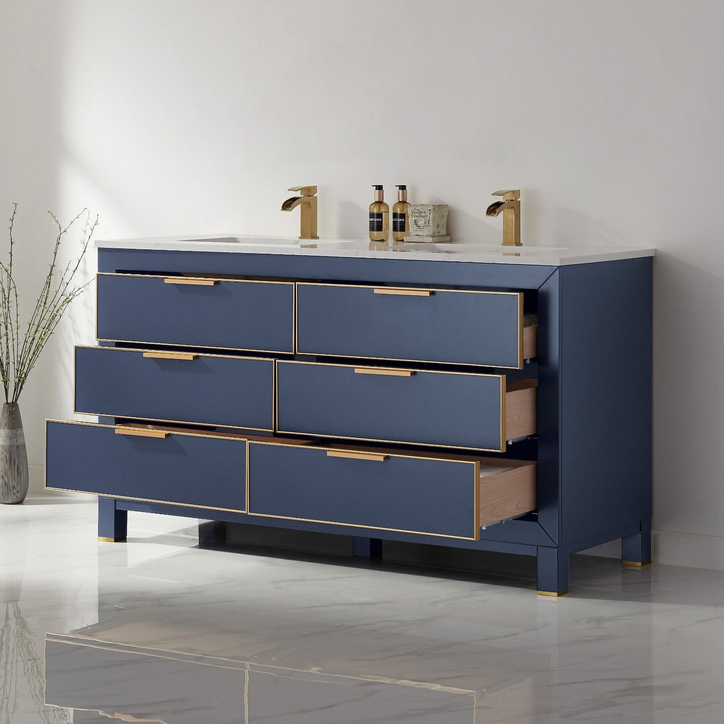 Jackson 60" Double Bathroom Vanity Set in Royal Blue and Aosta White Engineered Stone Countertop without Mirror