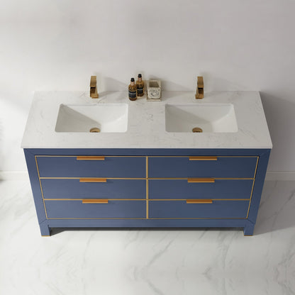Jackson 60" Double Bathroom Vanity Set in Royal Blue and Aosta White Engineered Stone Countertop without Mirror