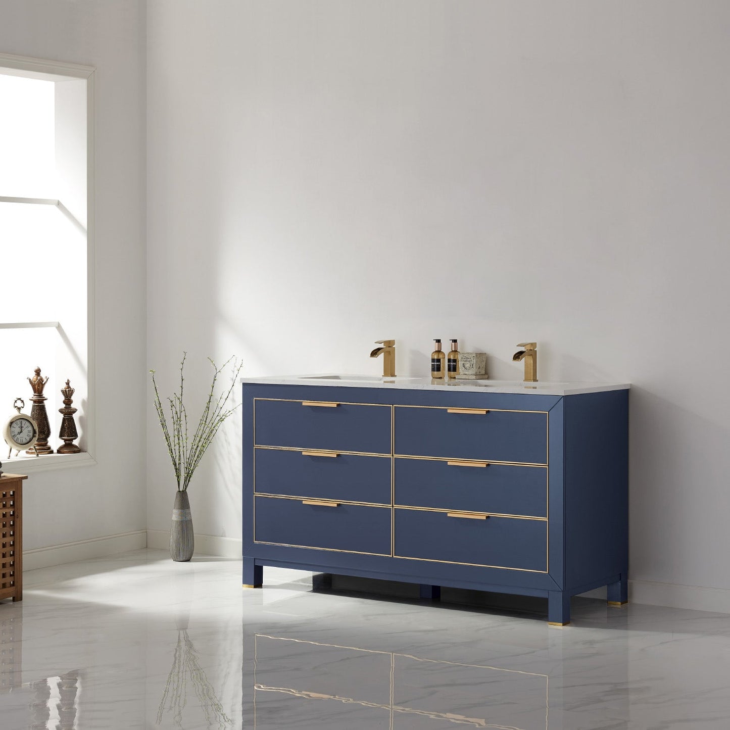 Jackson 60" Double Bathroom Vanity Set in Royal Blue and Aosta White Engineered Stone Countertop without Mirror