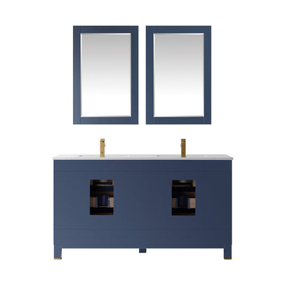 Jackson 60" Double Bathroom Vanity Set in Royal Blue and Aosta White Engineered Stone Countertop with Mirror