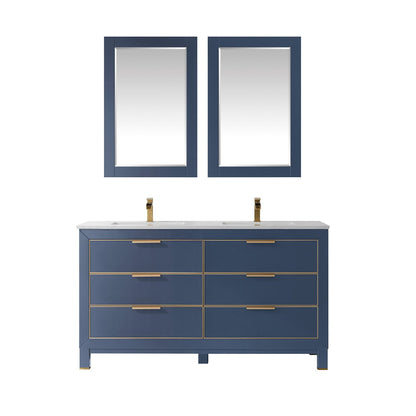 Jackson 60" Double Bathroom Vanity Set in Royal Blue and Aosta White Engineered Stone Countertop with Mirror