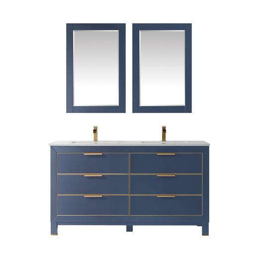 Jackson 60" Double Bathroom Vanity Set in Royal Blue and Aosta White Engineered Stone Countertop with Mirror