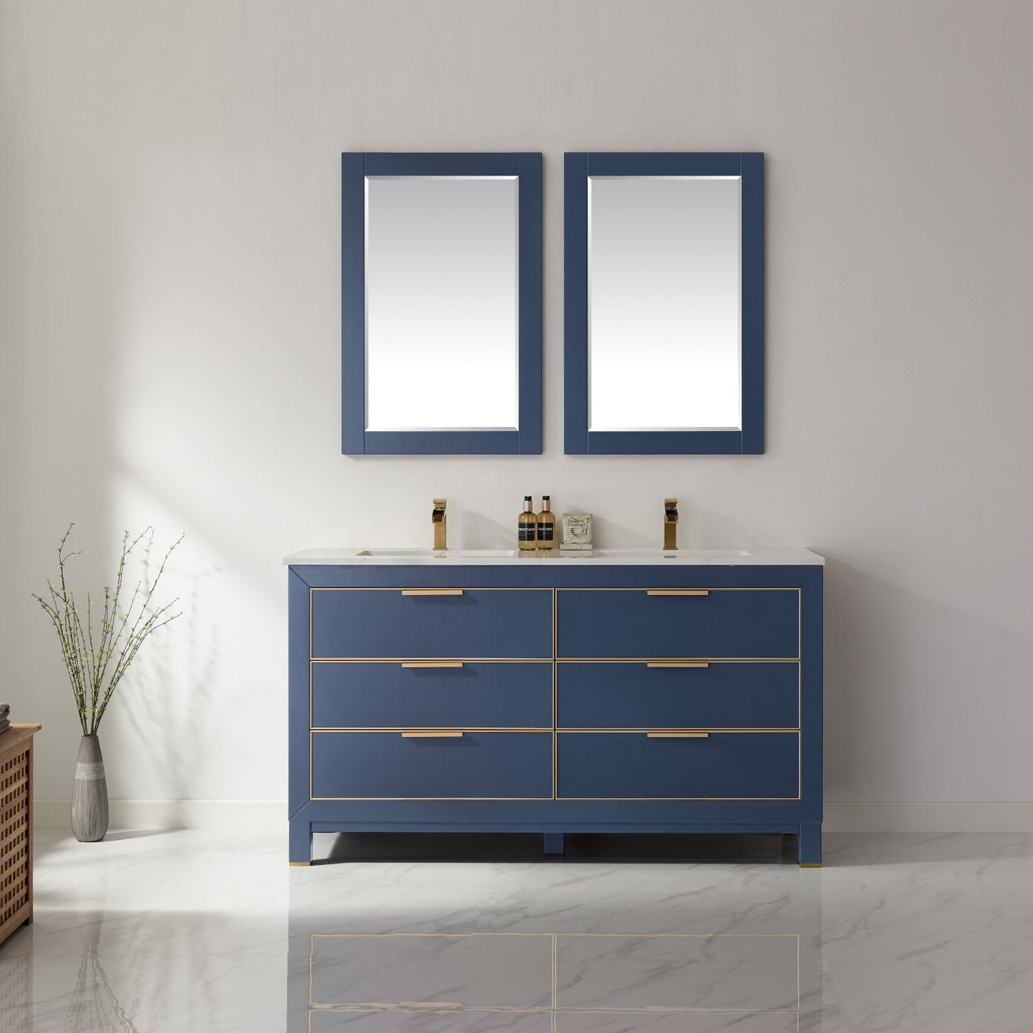 Jackson 60" Double Bathroom Vanity Set in Royal Blue and Aosta White Engineered Stone Countertop with Mirror