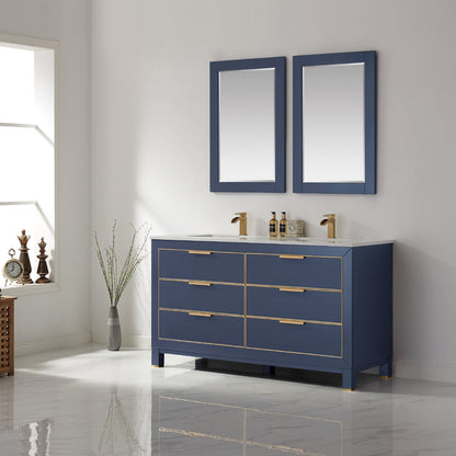 Jackson 60" Double Bathroom Vanity Set in Royal Blue and Aosta White Engineered Stone Countertop with Mirror