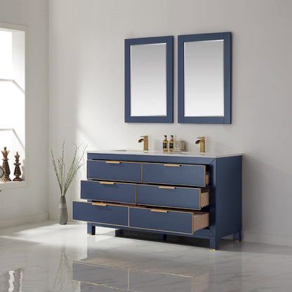 Jackson 60" Double Bathroom Vanity Set in Royal Blue and Aosta White Engineered Stone Countertop with Mirror